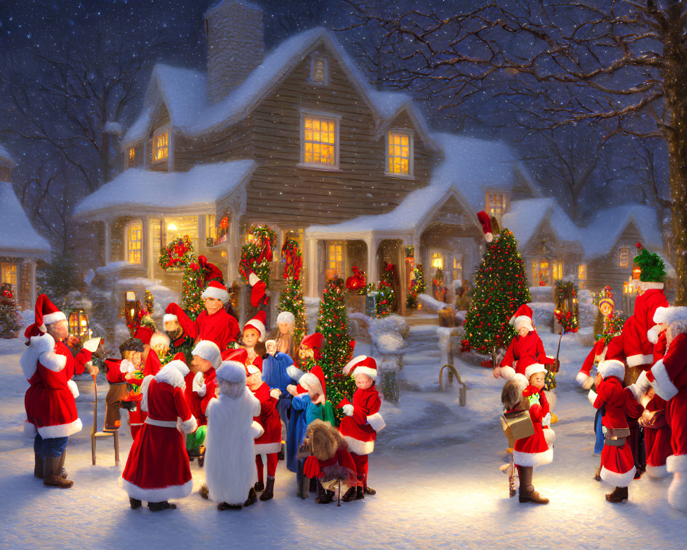 Santa Claus Costumed People Sharing Gifts in Snowy Christmas Scene