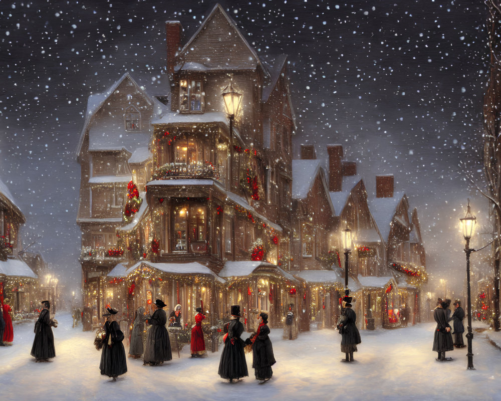 Victorian-style buildings with Christmas decorations, period-clad people in snowy night scene.
