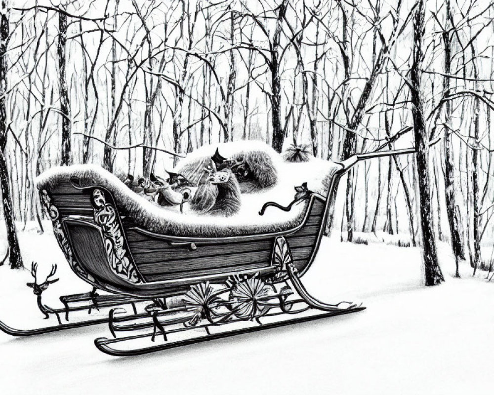 Winter forest scene: sleigh with gifts, reindeer, and bare trees sketch