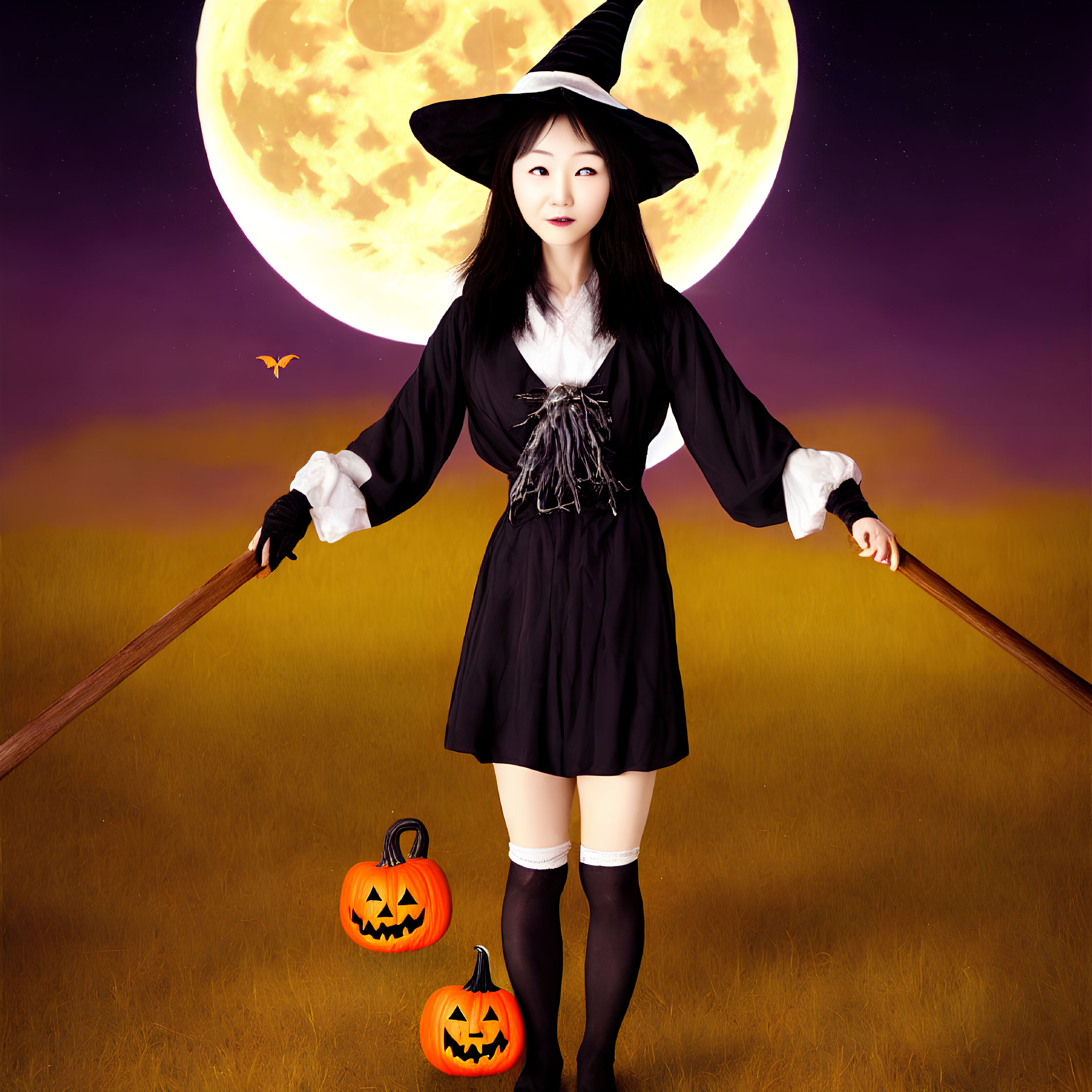 Woman in witch costume with broomstick, bats, and pumpkins under full moon