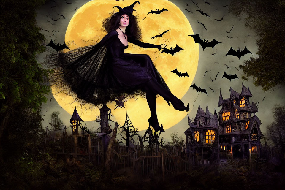 Witch flying on broomstick under full moon with bats and haunted house