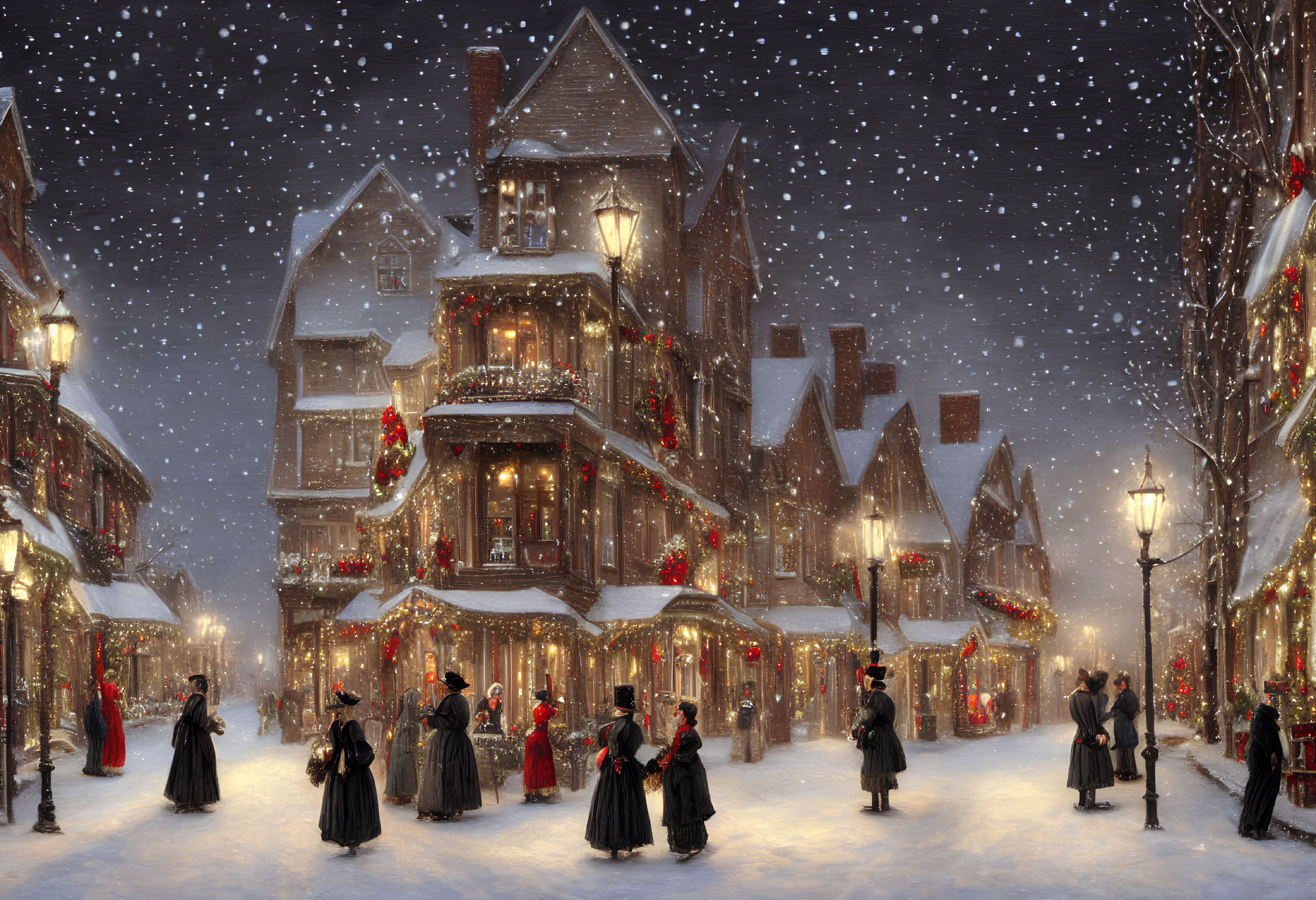 Victorian-style buildings with Christmas decorations, period-clad people in snowy night scene.