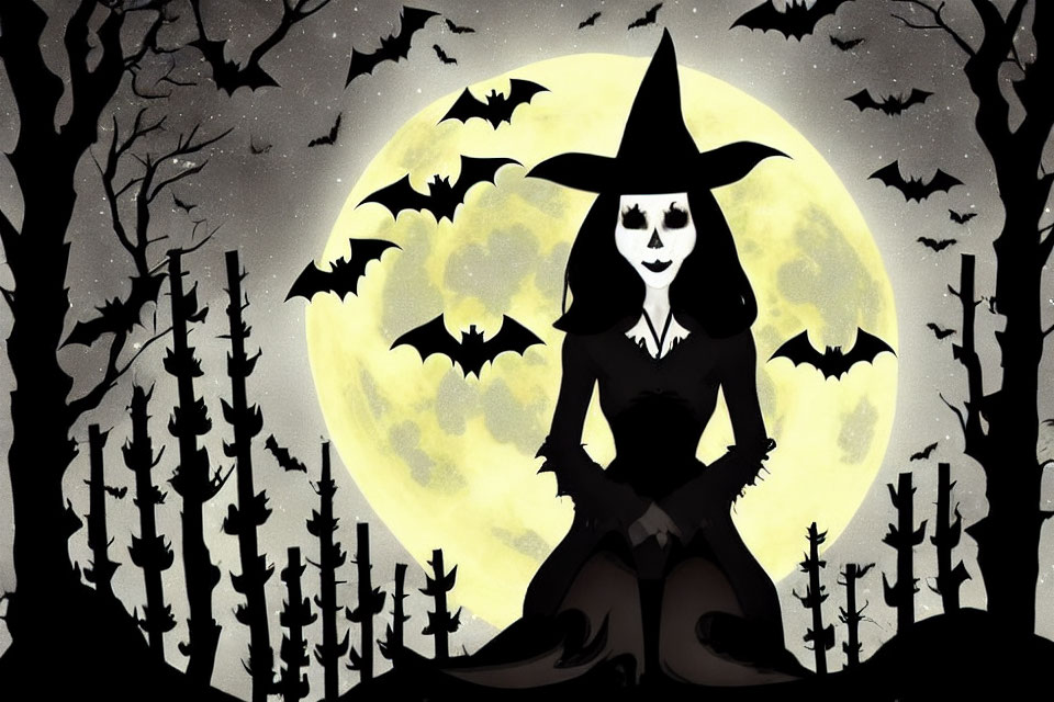 Stylized witch illustration with full moon, bats, and trees
