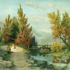 Tranquil landscape painting with couple, boat, house, trees, and mountains