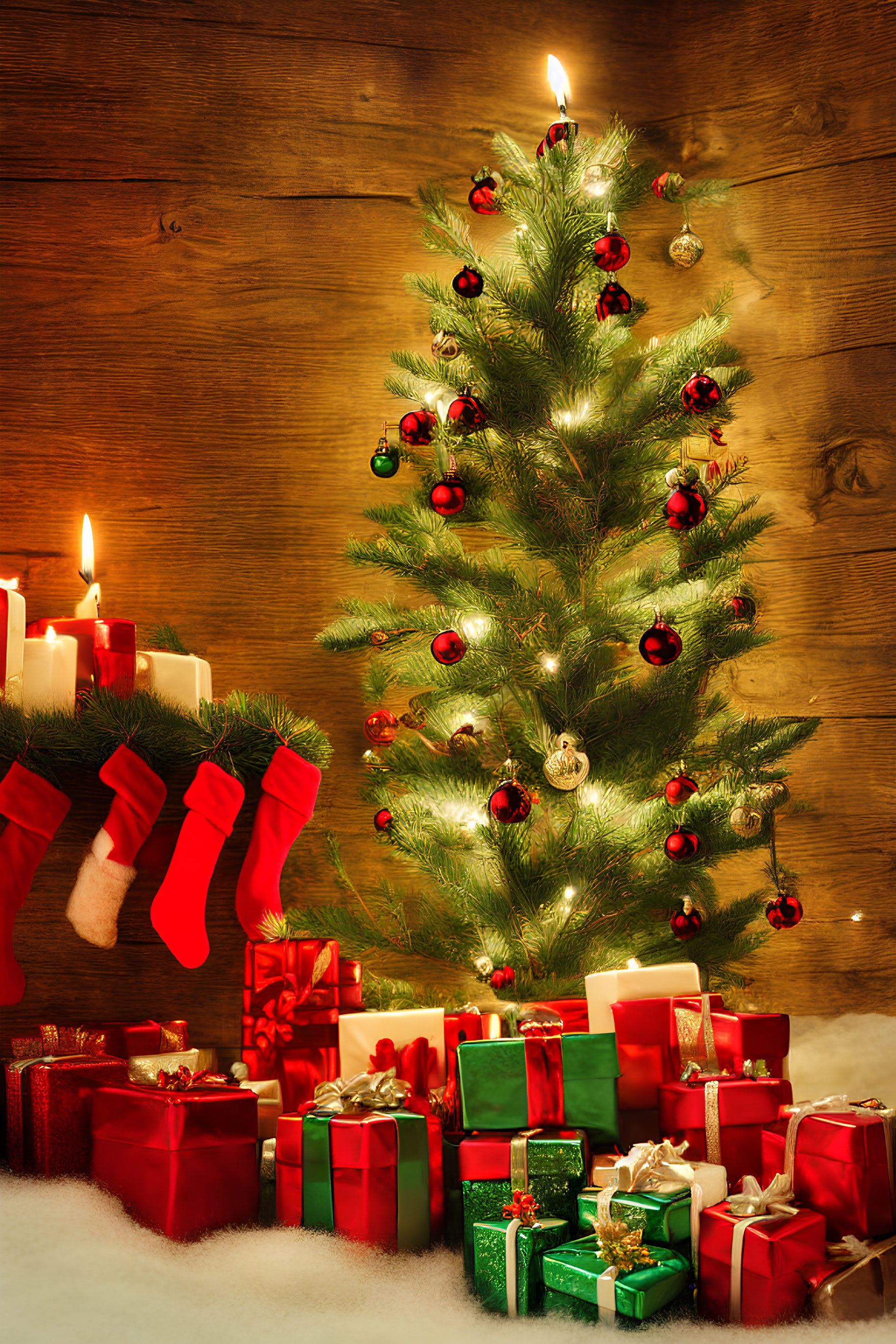 Cozy Christmas scene with decorated tree, candles, stockings, and presents