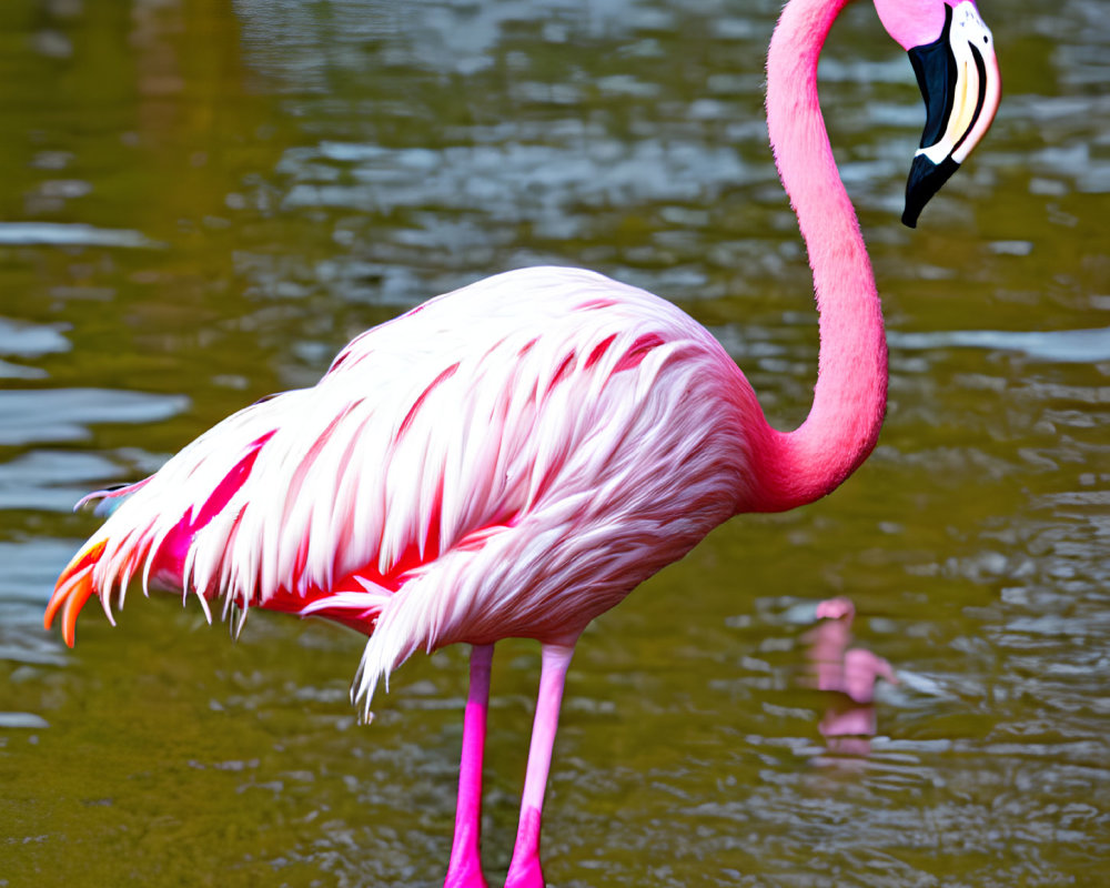 Pink flamingo standing in shallow water with reflection visible