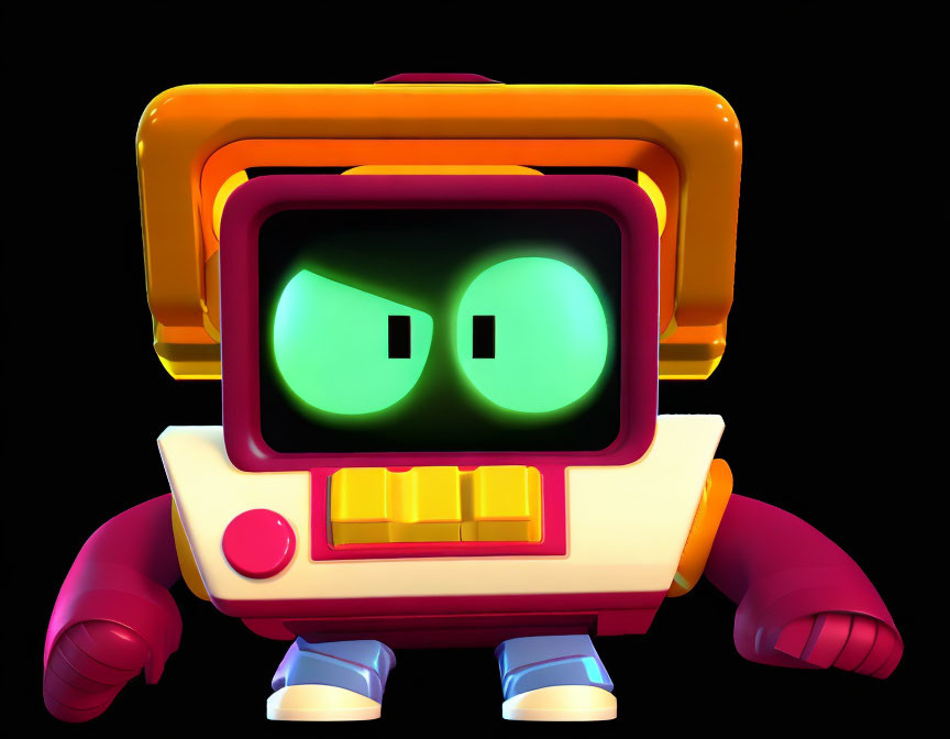 Colorful Cartoon-Style Illustration of Small Robot with Square Monitor Face, Green Eyes, and Backpack