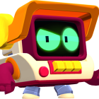 Colorful Robotic Character with Screen Face and Green Eyes on Red and Yellow Body