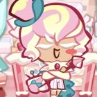 Pink-haired animated character in candy-themed setting singing with eyes closed.