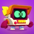 Colorful 3D illustration of cute robot with green eyes on purple background