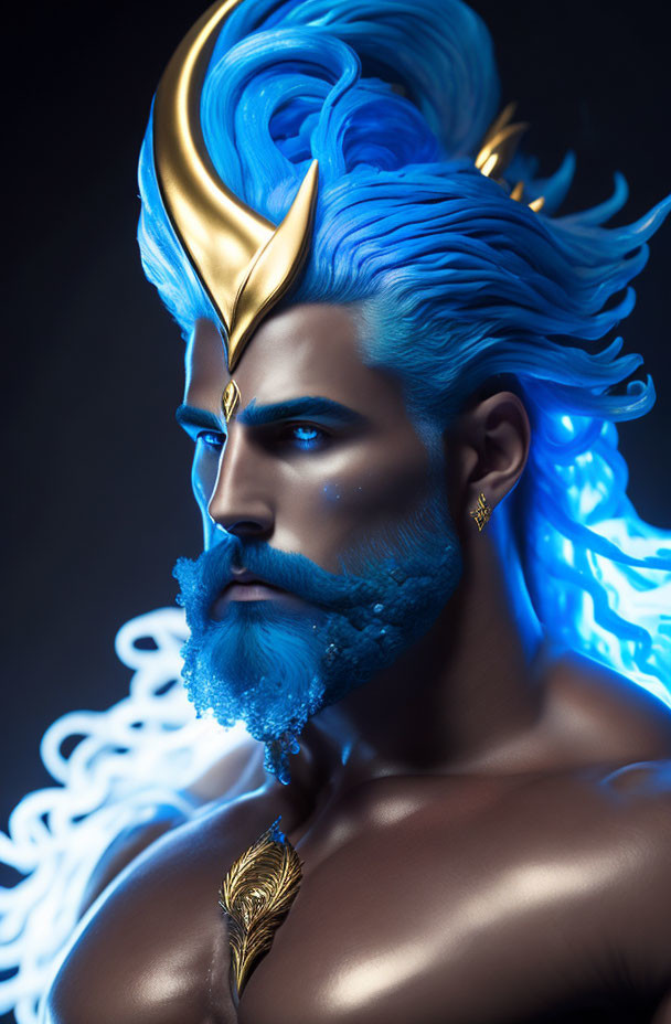 Stylized portrait of male figure with blue hair, beard, glowing accents, and golden horn head