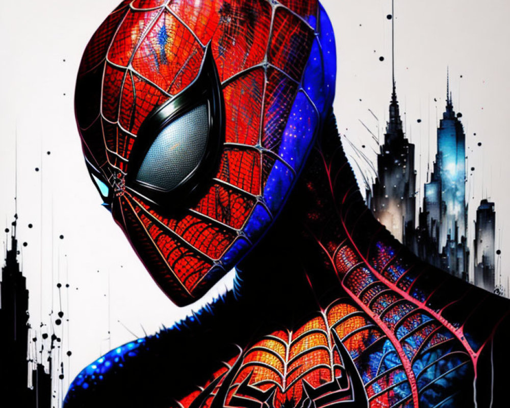 Detailed Spider-Man illustration in dynamic pose against abstract cityscape