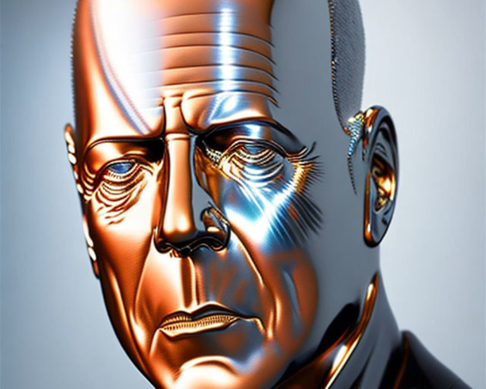Detailed humanoid robot digital artwork with reflective metallic surface