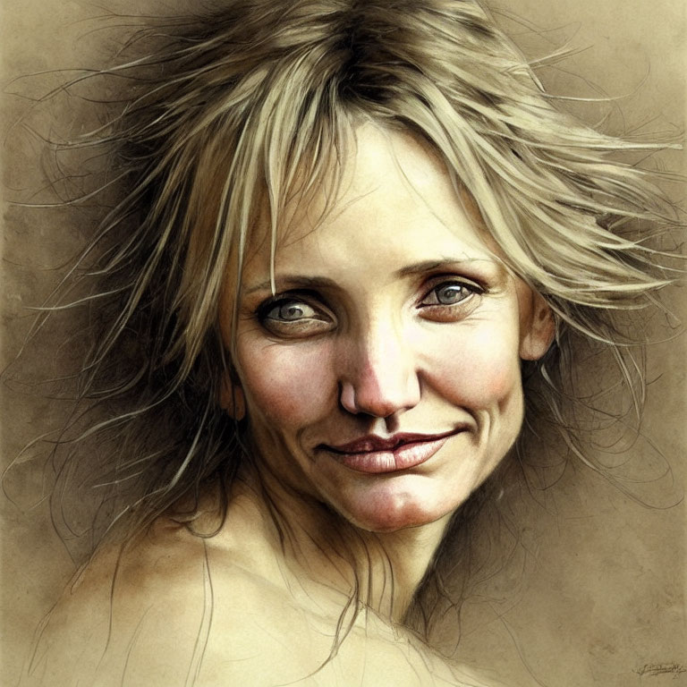 Smiling woman with tousled blonde hair in warm sepia-toned portrait