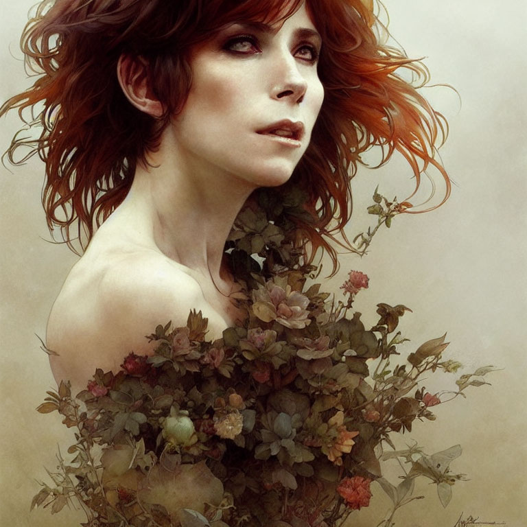 Digital artwork: Woman with flowing red hair and floral dress blending into skin