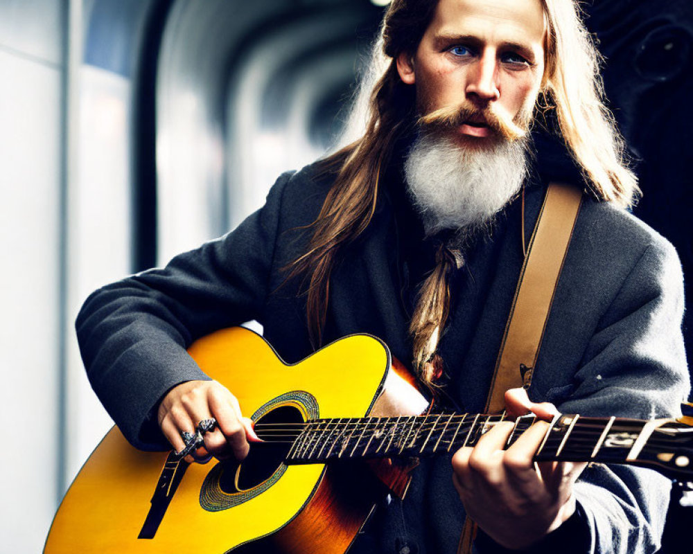 Bearded man playing acoustic guitar on a train