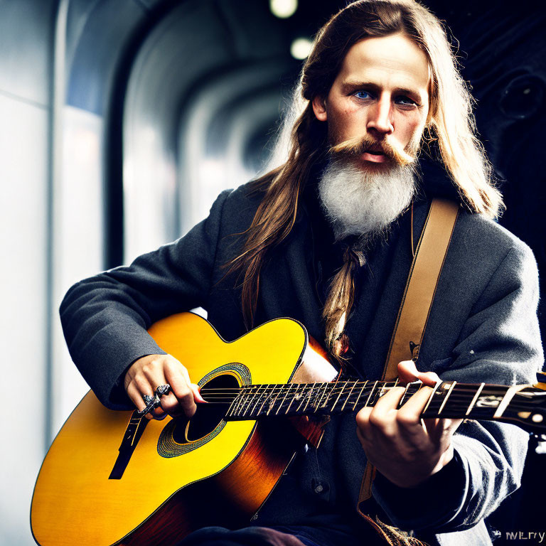 Bearded man playing acoustic guitar on a train