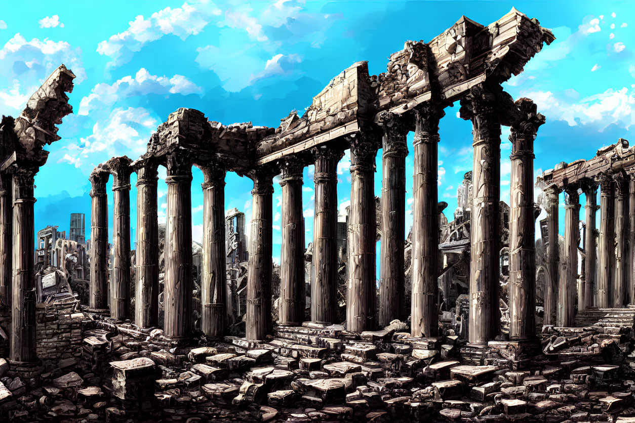 Ancient ruins with tall Corinthian columns under a bright blue sky