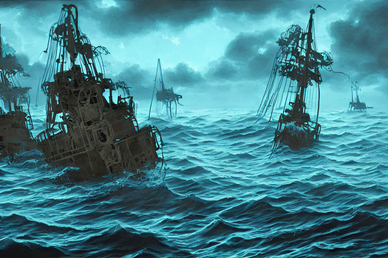 Sailing ships in turbulent ocean waves under stormy sky