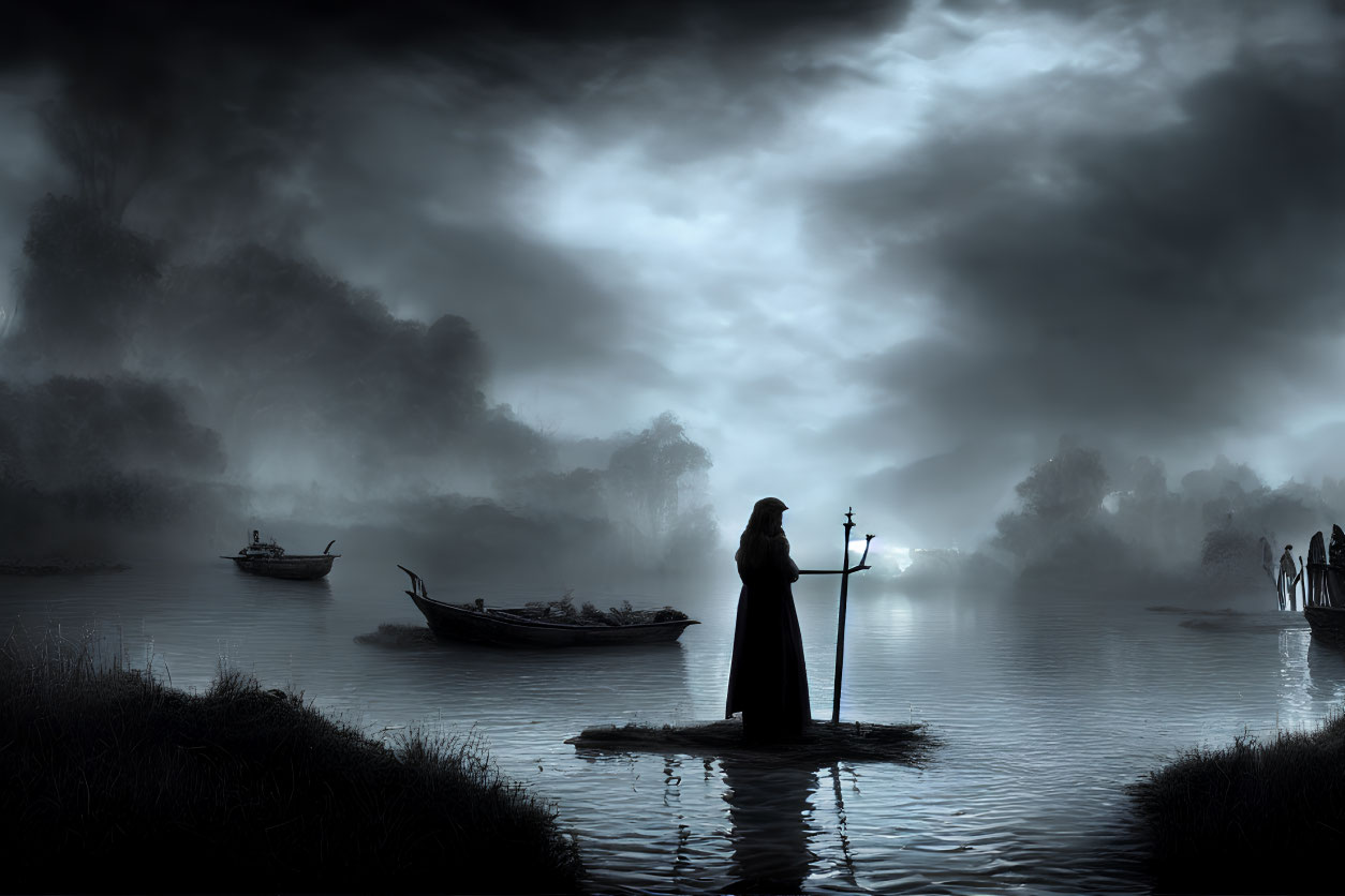 Mystical cloaked figure with lantern on foggy riverbank