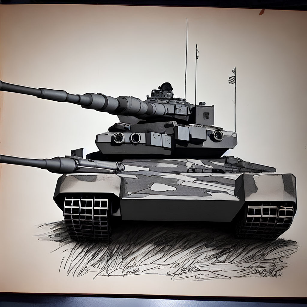 Modern Main Battle Tank with Camouflage Pattern and Crossed Cannon Barrels