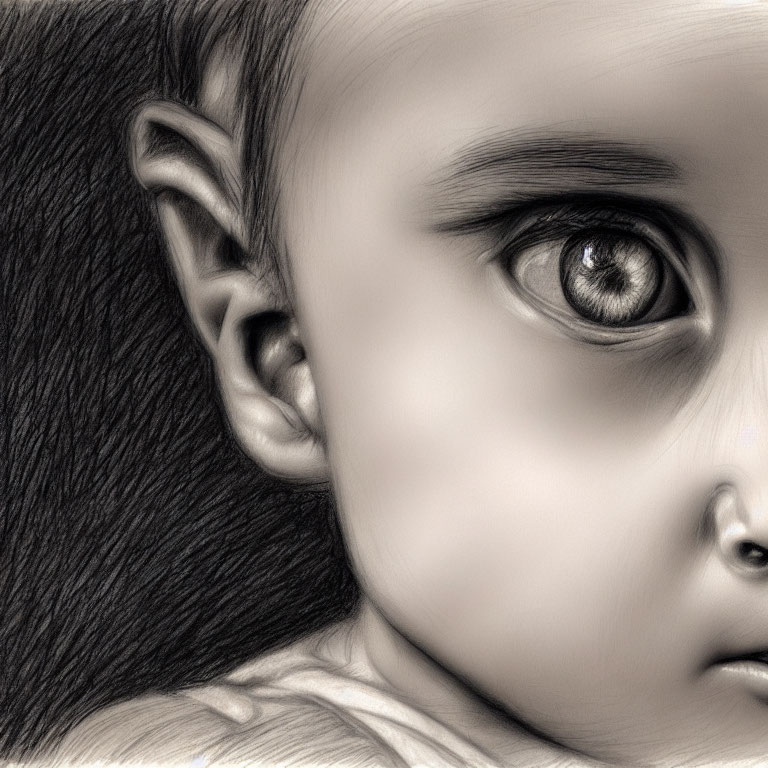 Detailed Close-Up Baby Face Sketch with Eye Focus and Pencil Shading Textures