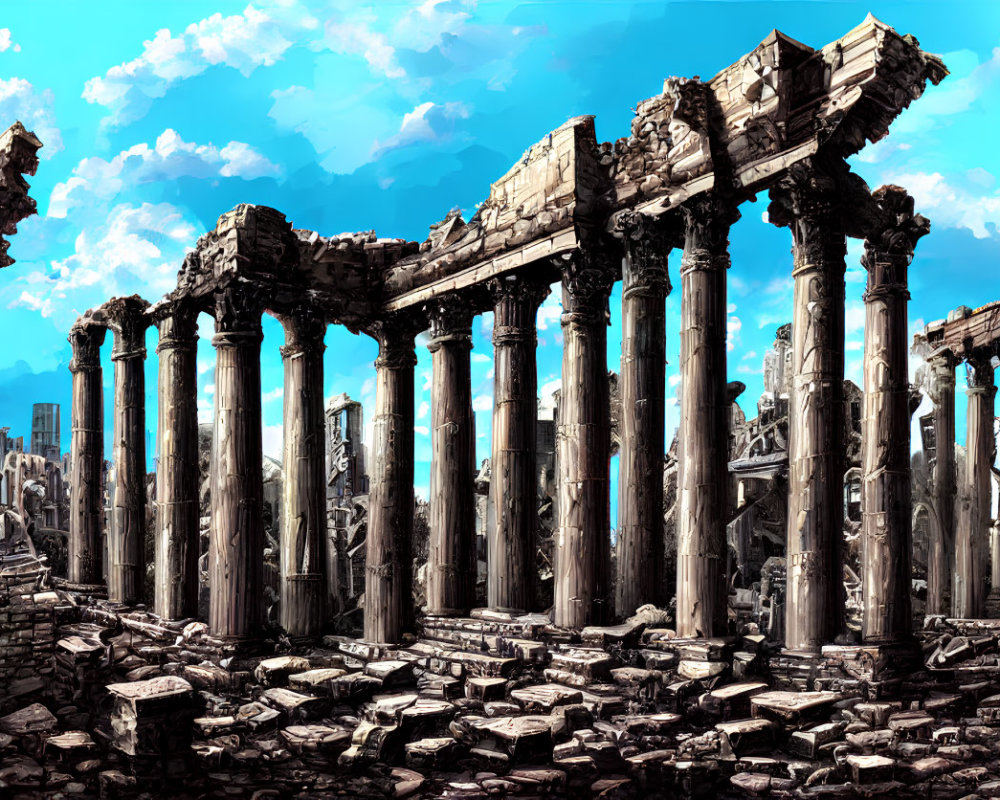 Ancient ruins with tall Corinthian columns under a bright blue sky