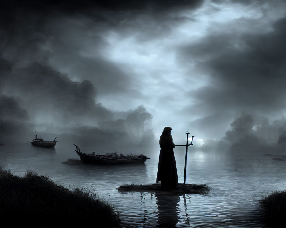 Mystical cloaked figure with lantern on foggy riverbank