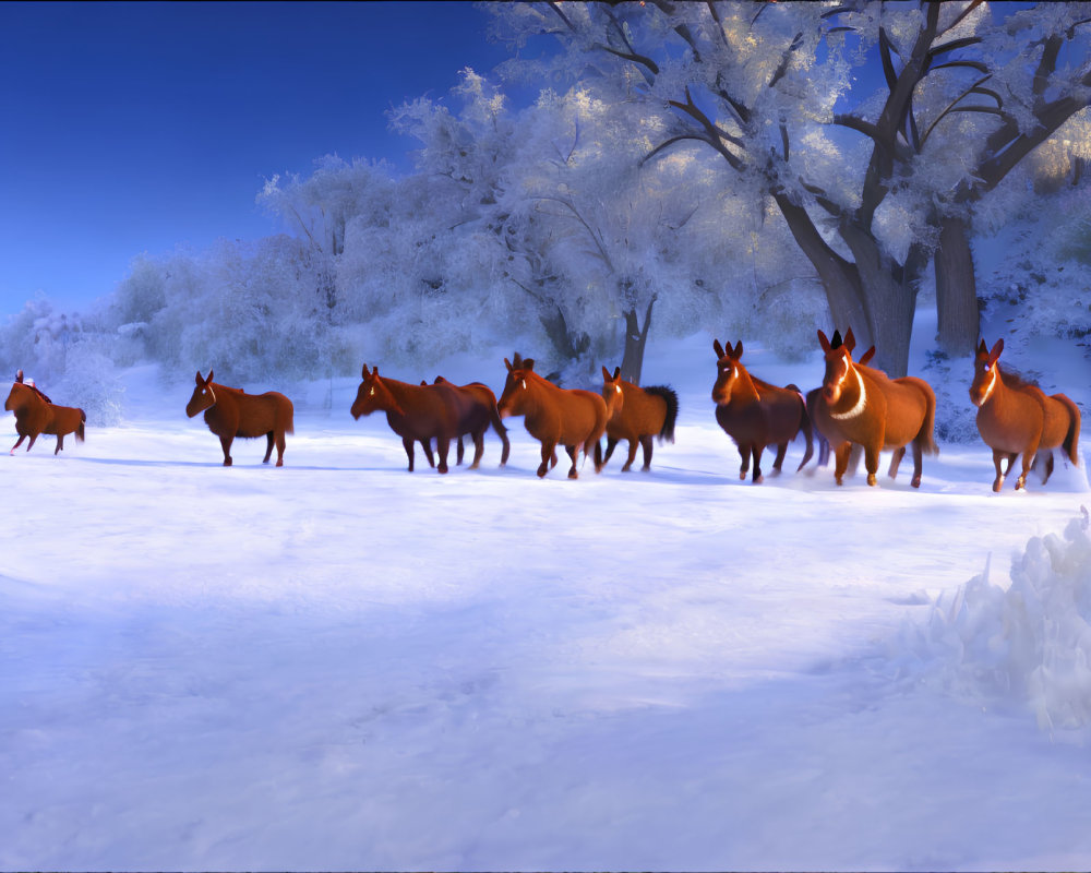 Red deer herd in snowy landscape with frost-covered trees.