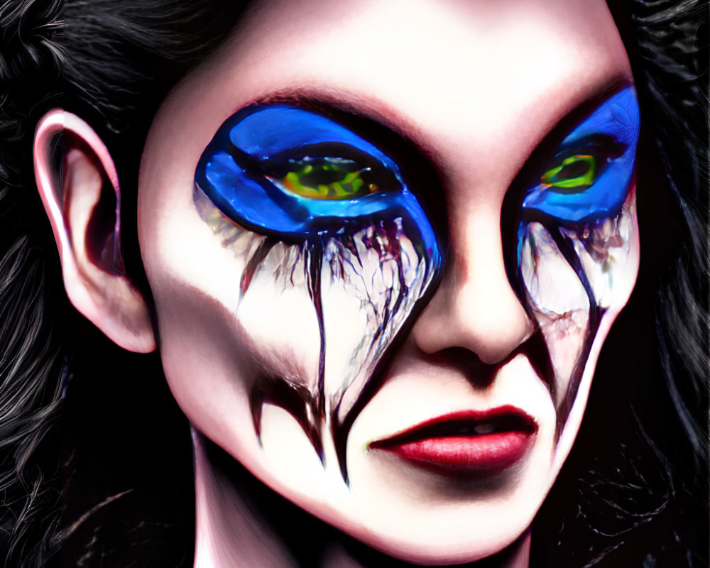 Digital Artwork: Woman with Striking Blue Eyes and Exaggerated Tears