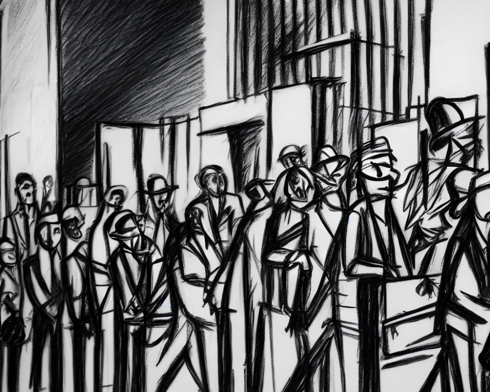 Stylized sketch of city crowd in suits and hats