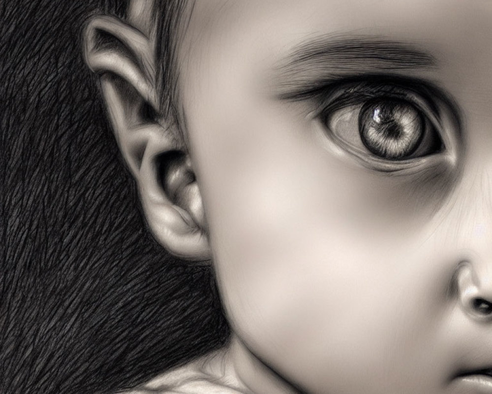 Detailed Close-Up Baby Face Sketch with Eye Focus and Pencil Shading Textures