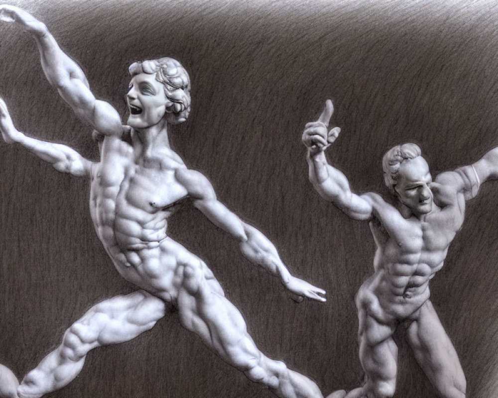 Detailed pencil drawing of two dynamic male figures in running or dancing pose with expressive faces.