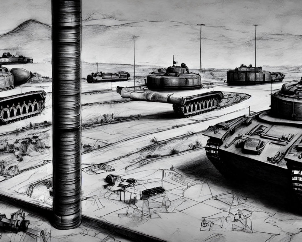 Detailed pencil sketch of advancing military tanks and gun barrel in desolate landscape