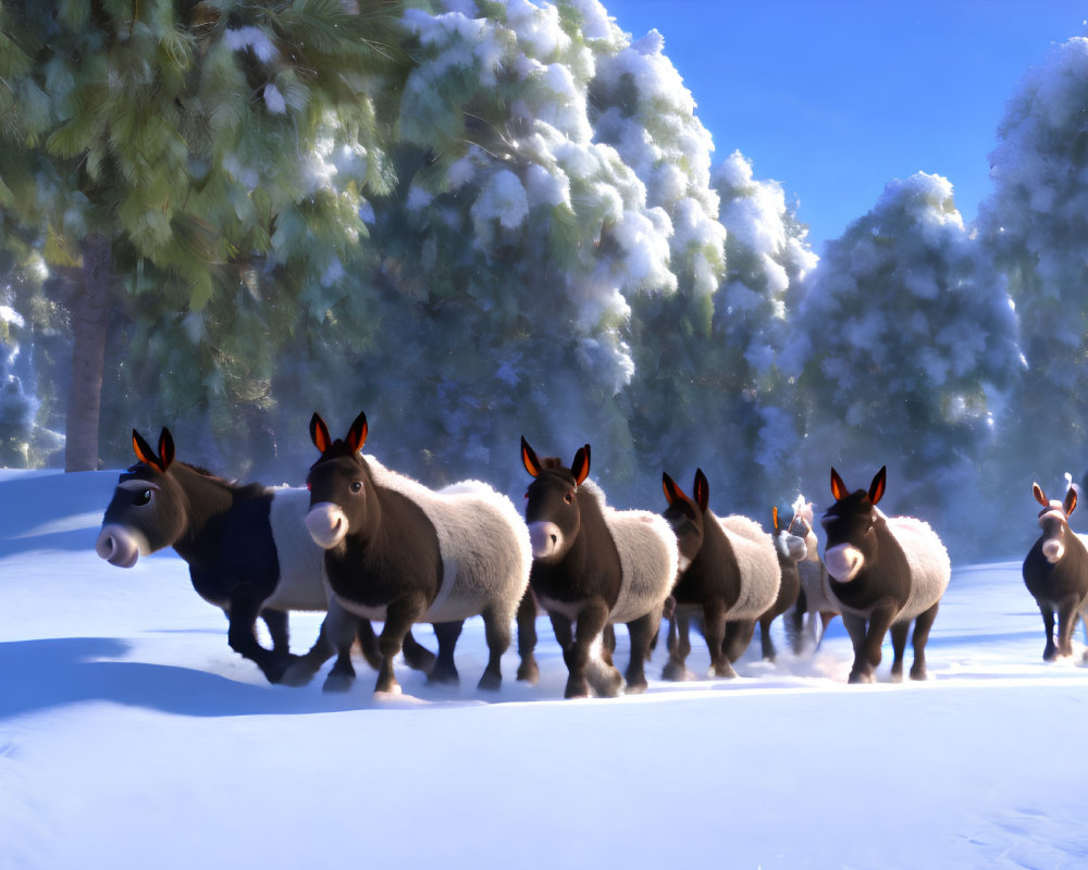 Animated donkeys in red earmuffs parade snowy forest