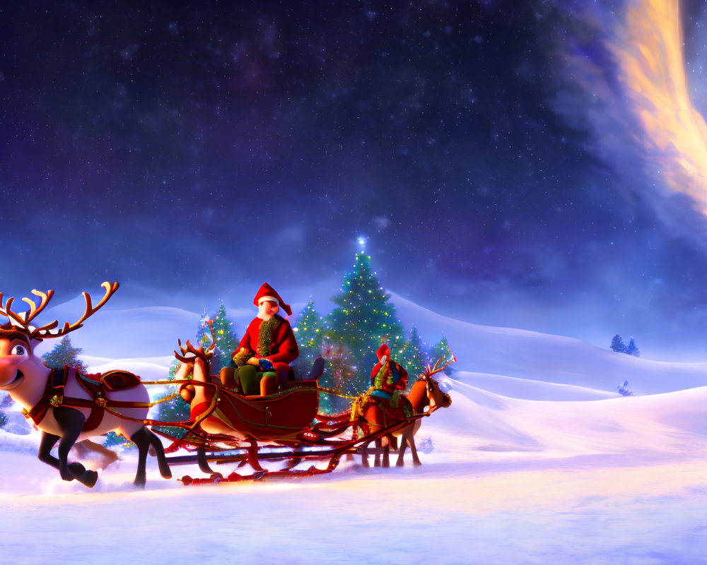 Santa Claus Sleigh Reindeer Christmas Scene Snowy Night Sky