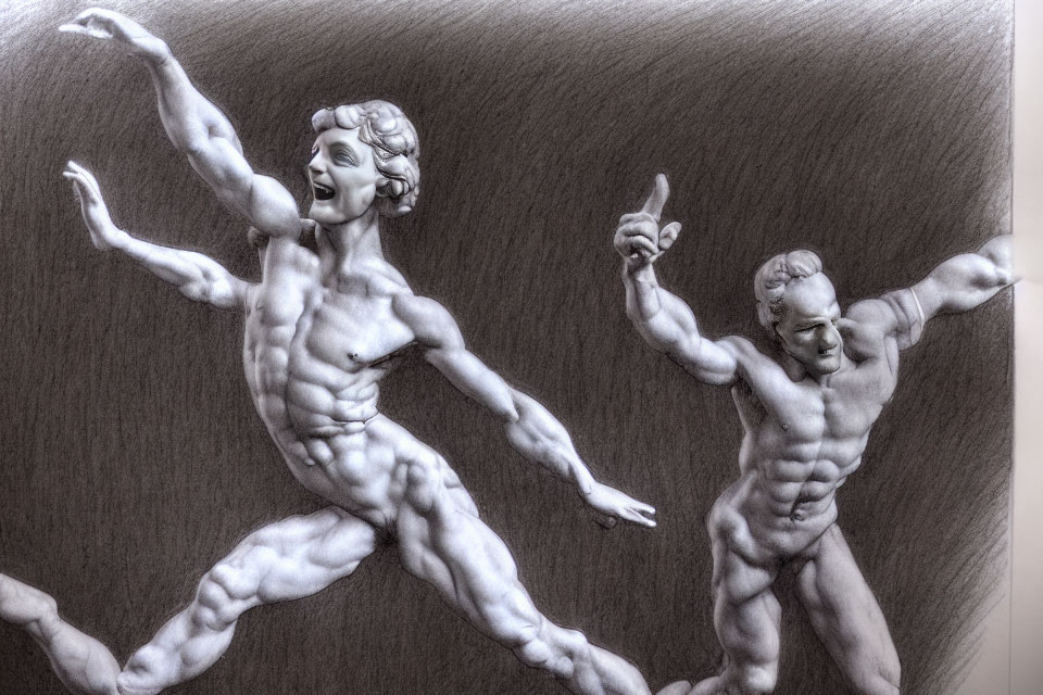 Detailed pencil drawing of two dynamic male figures in running or dancing pose with expressive faces.