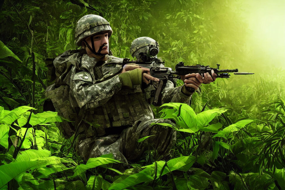 Camouflaged soldier with rifle crouching in dense foliage