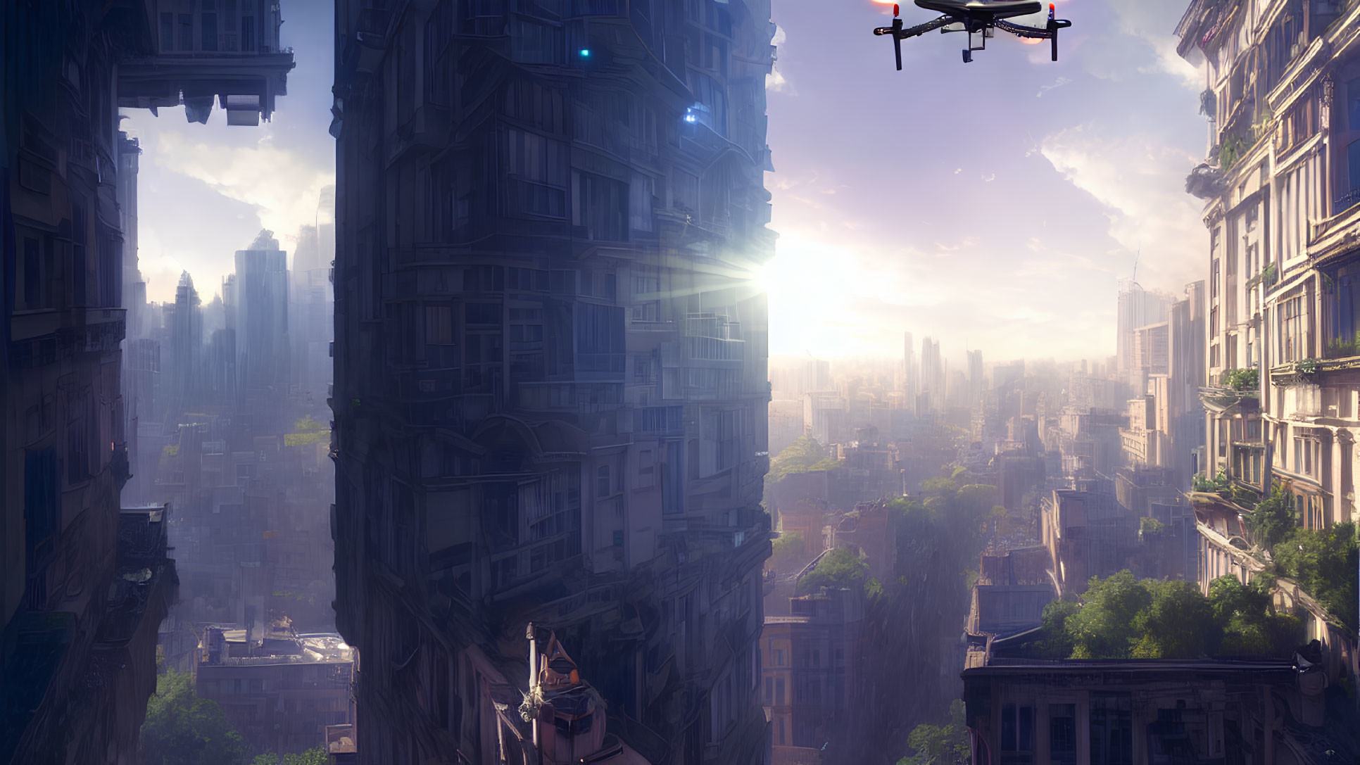 Sunrise illuminates futuristic cityscape with high-rise buildings and flying drone.