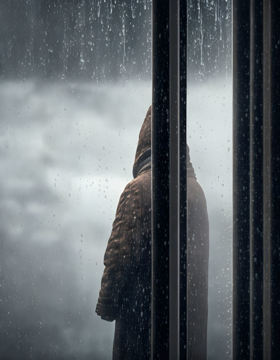 Figure in Hooded Coat Gazes Out Raindrop-Streaked Window