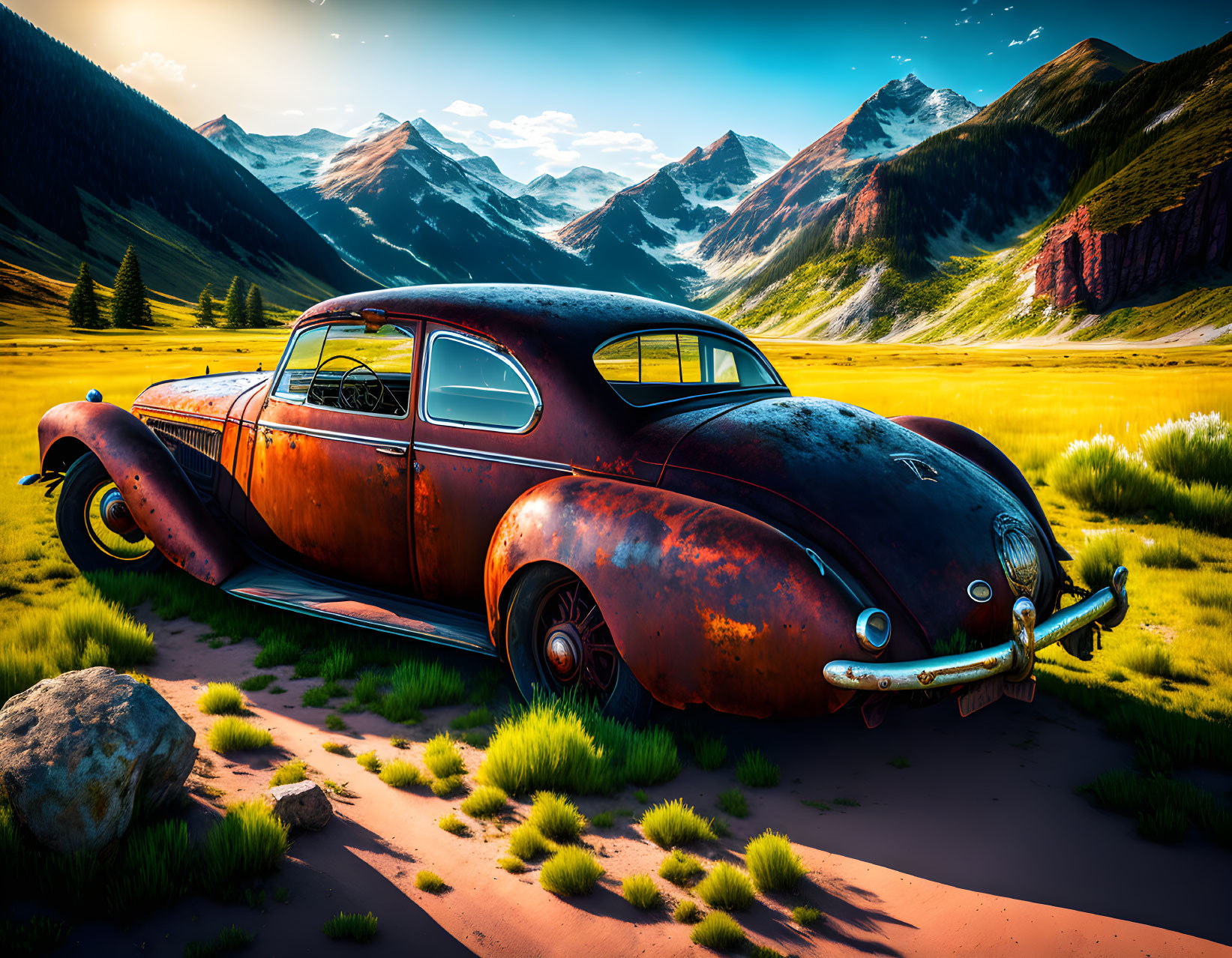 Rusted car in vibrant field with mountains and blue sky