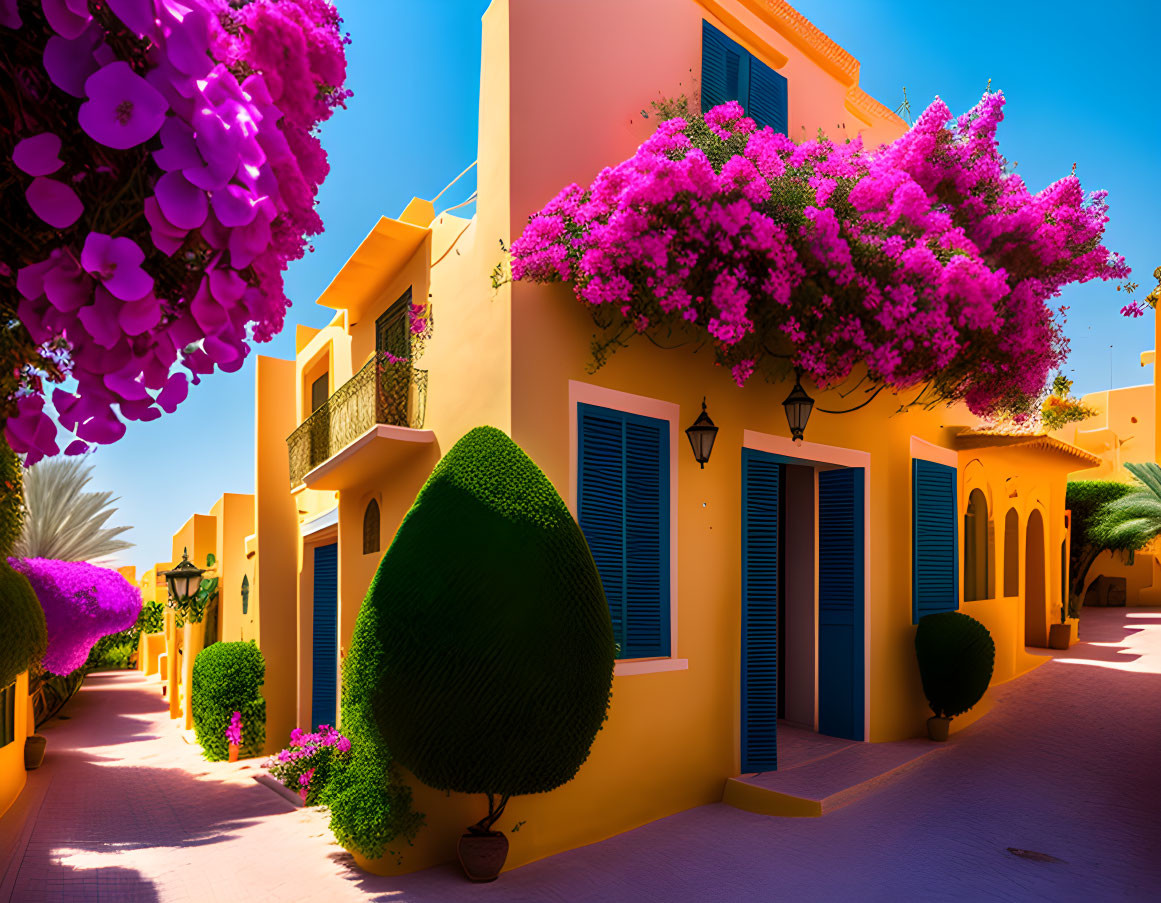 Colorful Yellow Building Surrounded by Purple Bougainvillea and Green Bushes