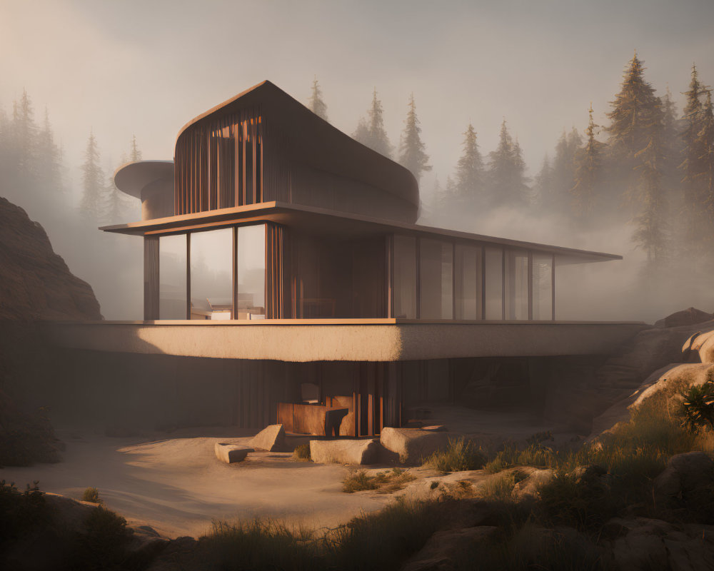 Contemporary Cantilevered House with Large Glass Windows in Foggy Pine Landscape