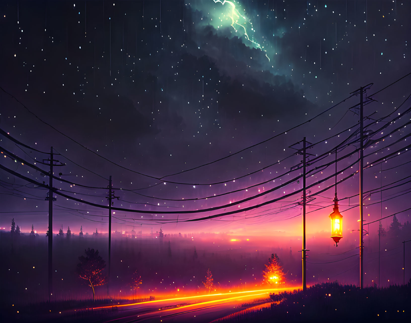 Vibrant night scene with streaking stars, purple sky, glowing lamp, and light trails.