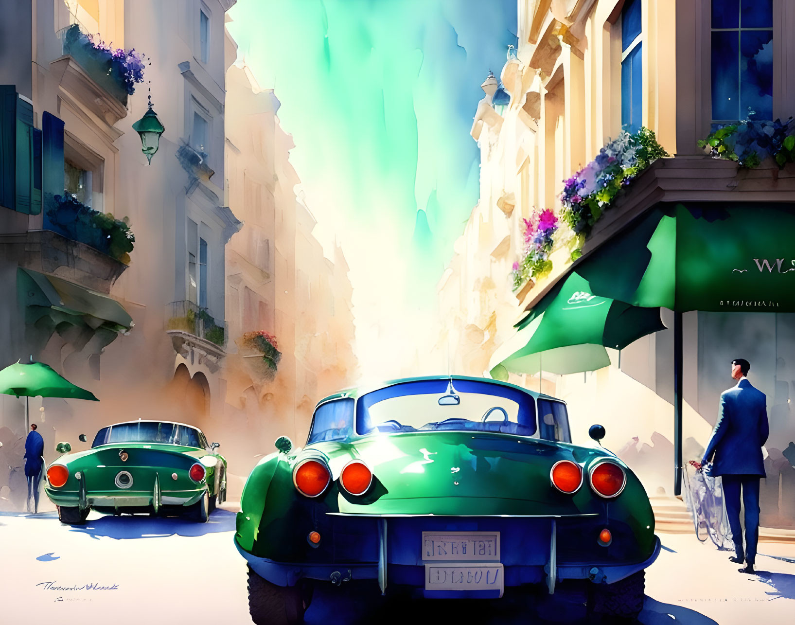 Colorful vintage street scene with cars, people, and buildings in sunlight