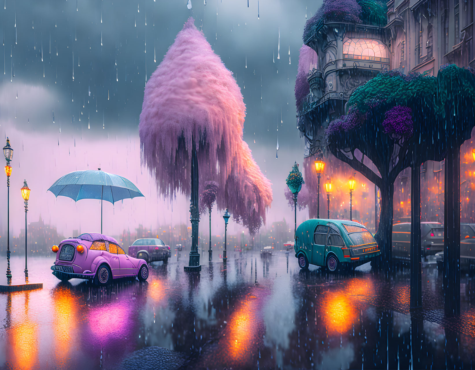 Colorful Trees and Vintage Car in Rainy City Street Scene