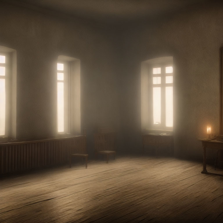 Dimly Lit Room with Wooden Floor, Candle, and Solitary Chair