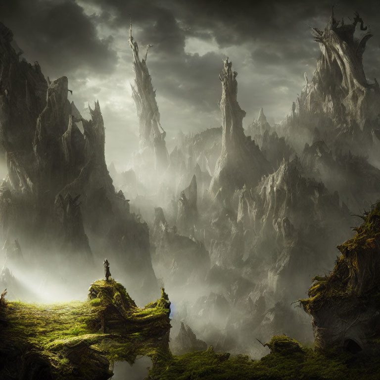 Person overlooking misty, mystical landscape with jagged peaks