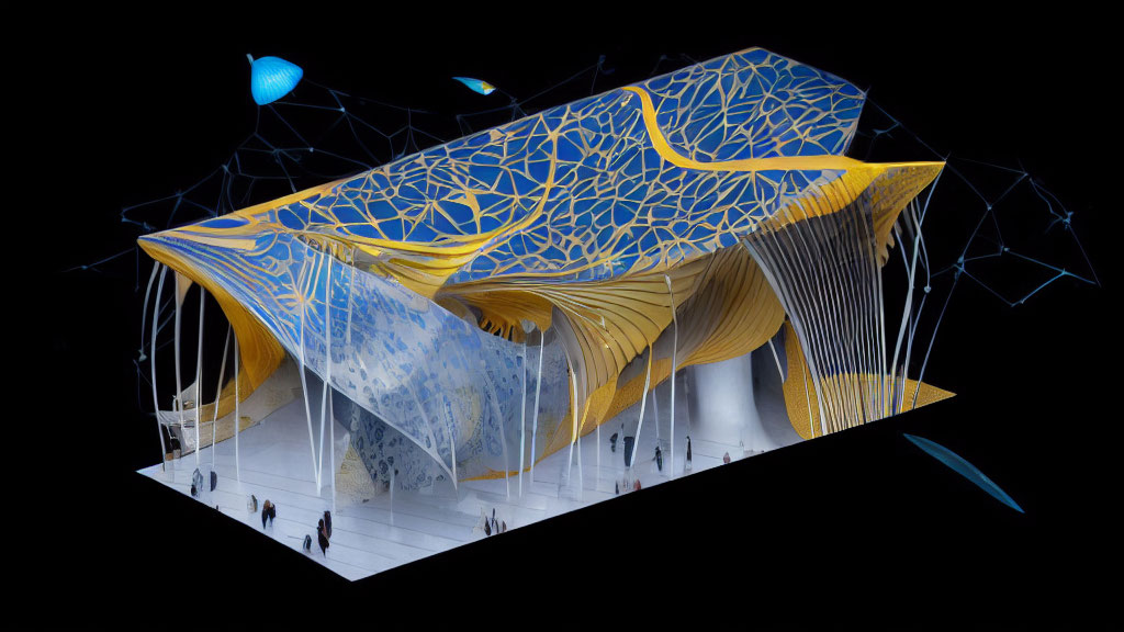 Architectural model with flowing organic design and blue-yellow patterns.