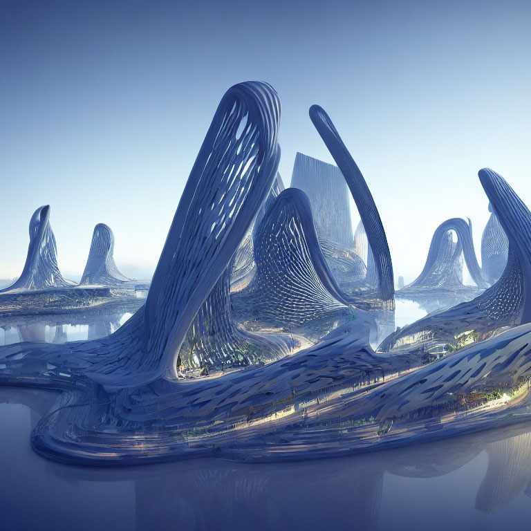 Futuristic cityscape with wave-like architecture reflected on water